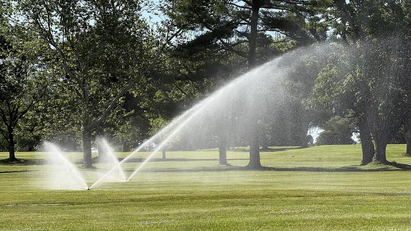 Arc of sprinkler water across a park lawn with trees