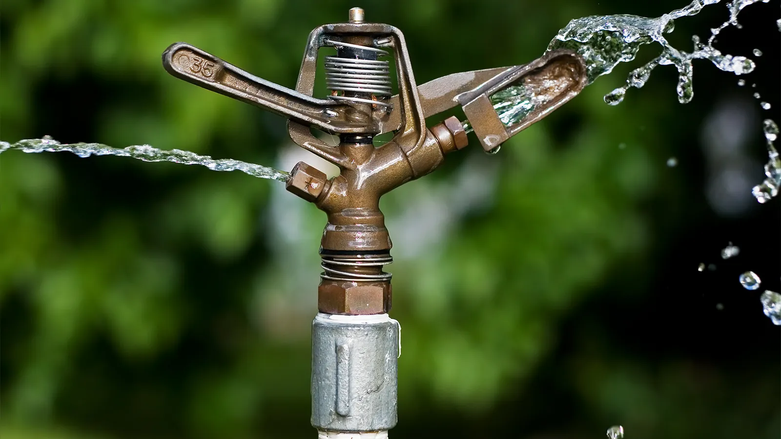 Impact sprinkler mechanism spraying water, close view