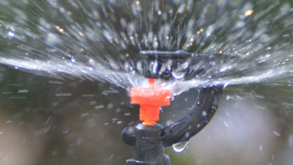 Micro sprinkler spraying an umbrella of droplets outdoors