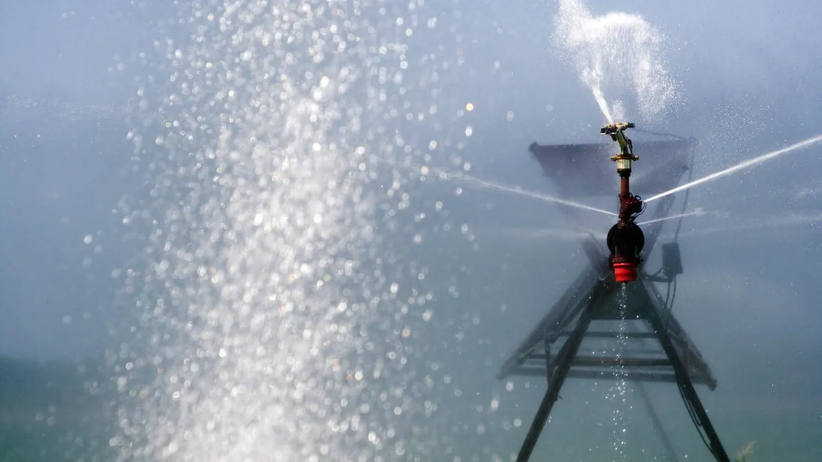Small tripod-mounted sprinkler spraying both sides