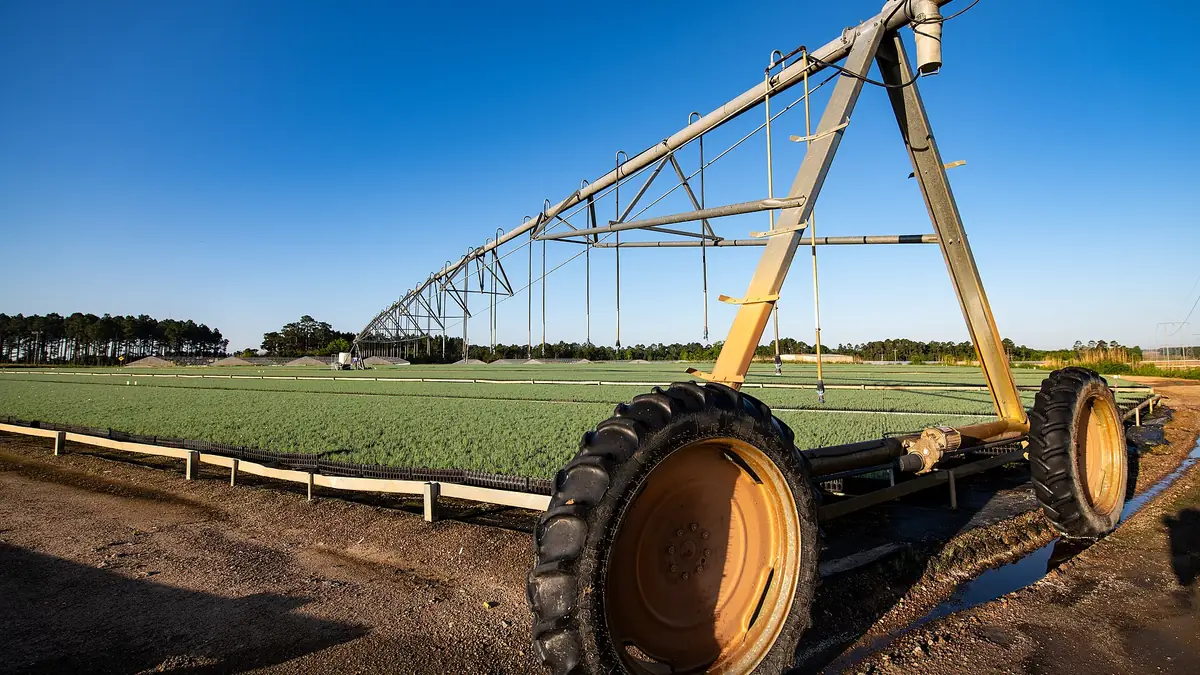 Large A-frame sprinkler tower with dual tyres on headland